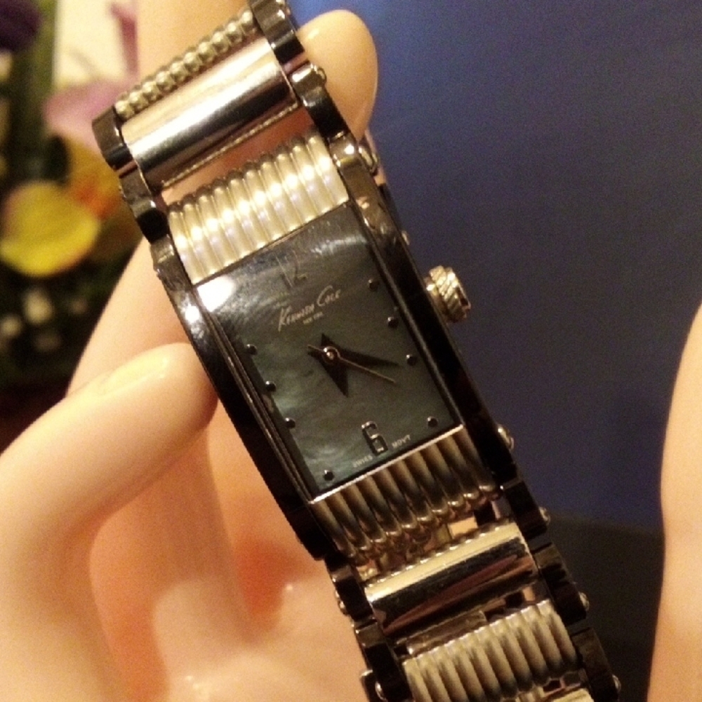 Kenneth Cole Two-Tone Silver and Black Rectangular Dial Bracelet Watch - Picture 5 of 7